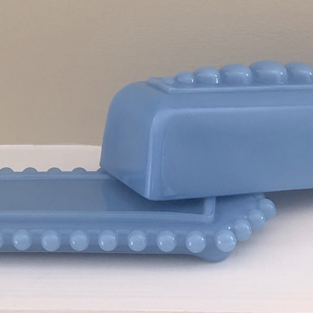 Blue Butter Dish Milk Glass 7-1/2” - Picture 3 of 8